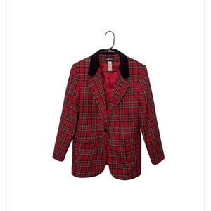 Vtg Y2K Wool Blazer 12 Red Tartan Plaid Velvet Collar Preppy Old Money Academia